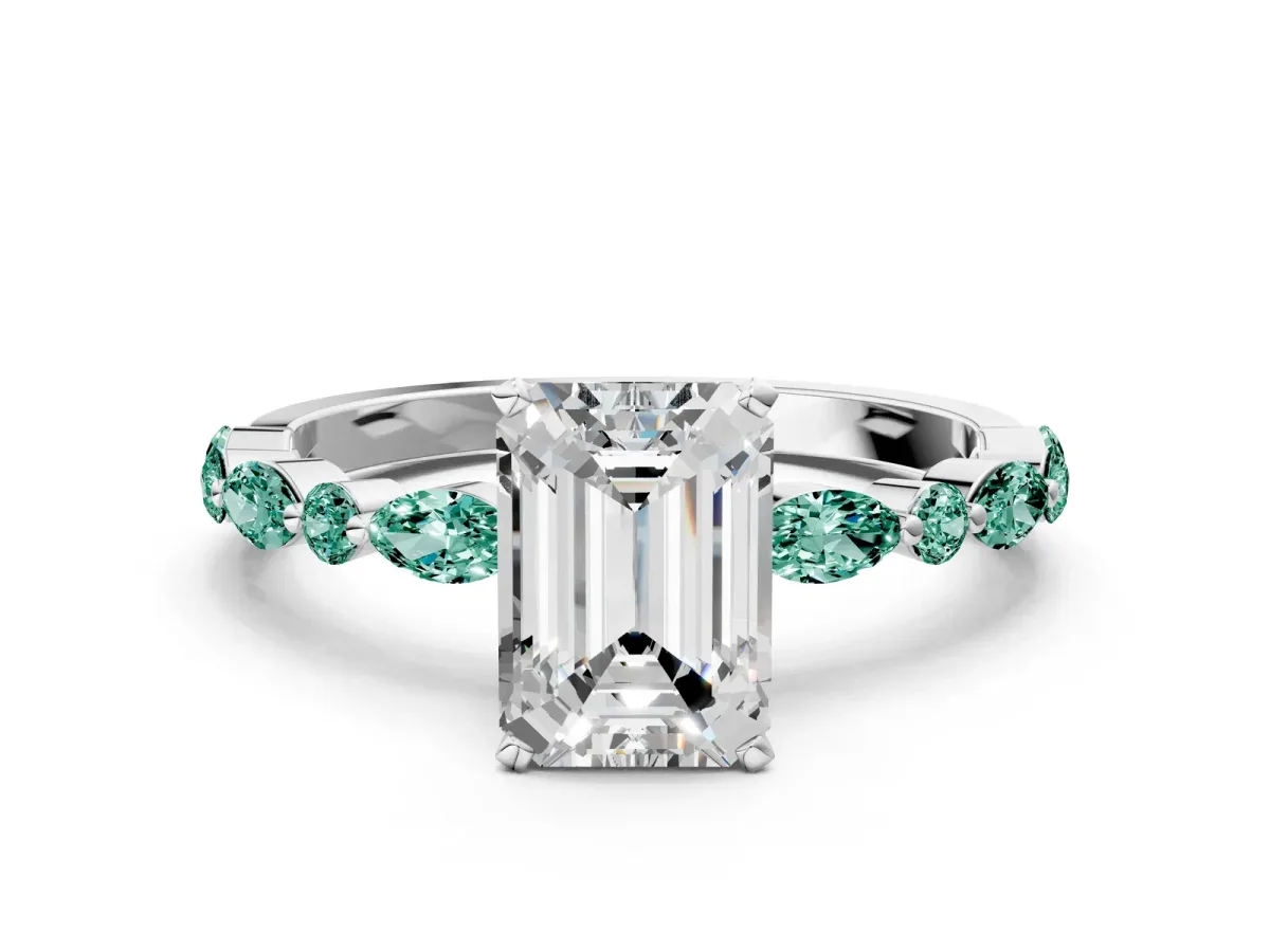 Emerald Cut Diamond Ring with Marquise and Round Green Sapphire Side Stones and Four-Prong Setting White gold
