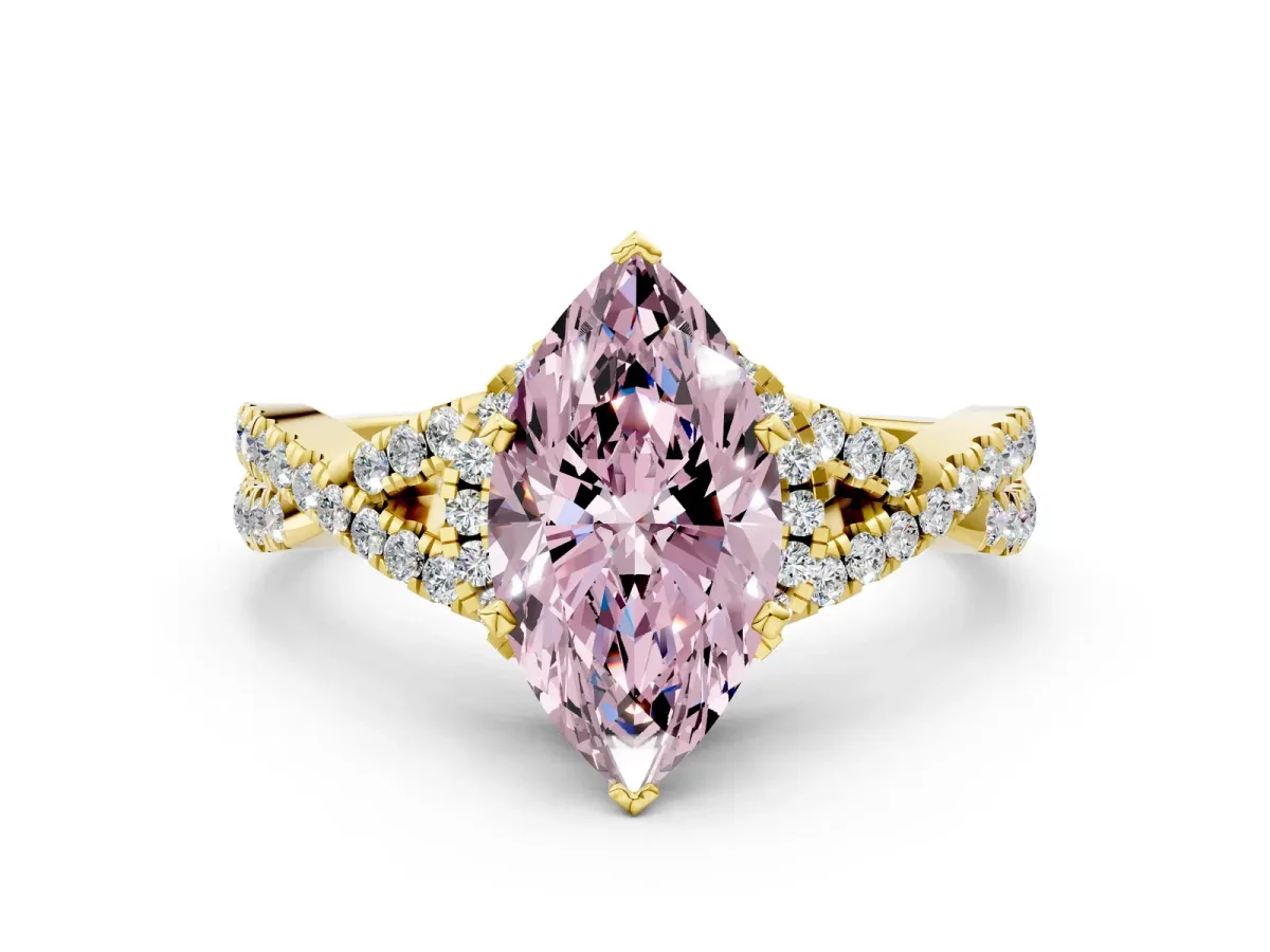 Fancy Pink Marquise Cut Diamond Halo Twist Band Solitaire Prong Setting Ring Yellow gold