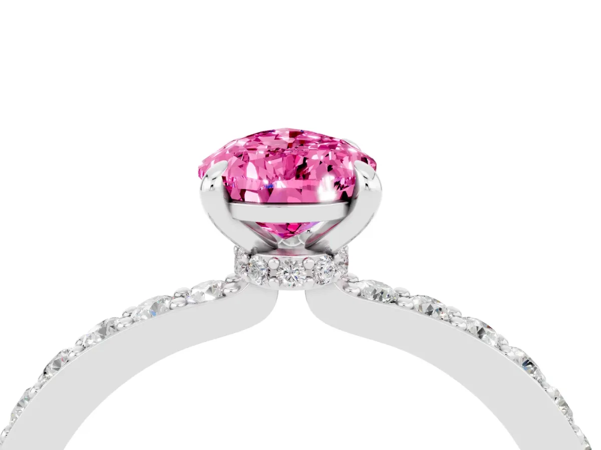 Pear Cut Pink Sapphire Solitaire Engagement Ring with Pavé Band and Four-Prong Setting White gold
