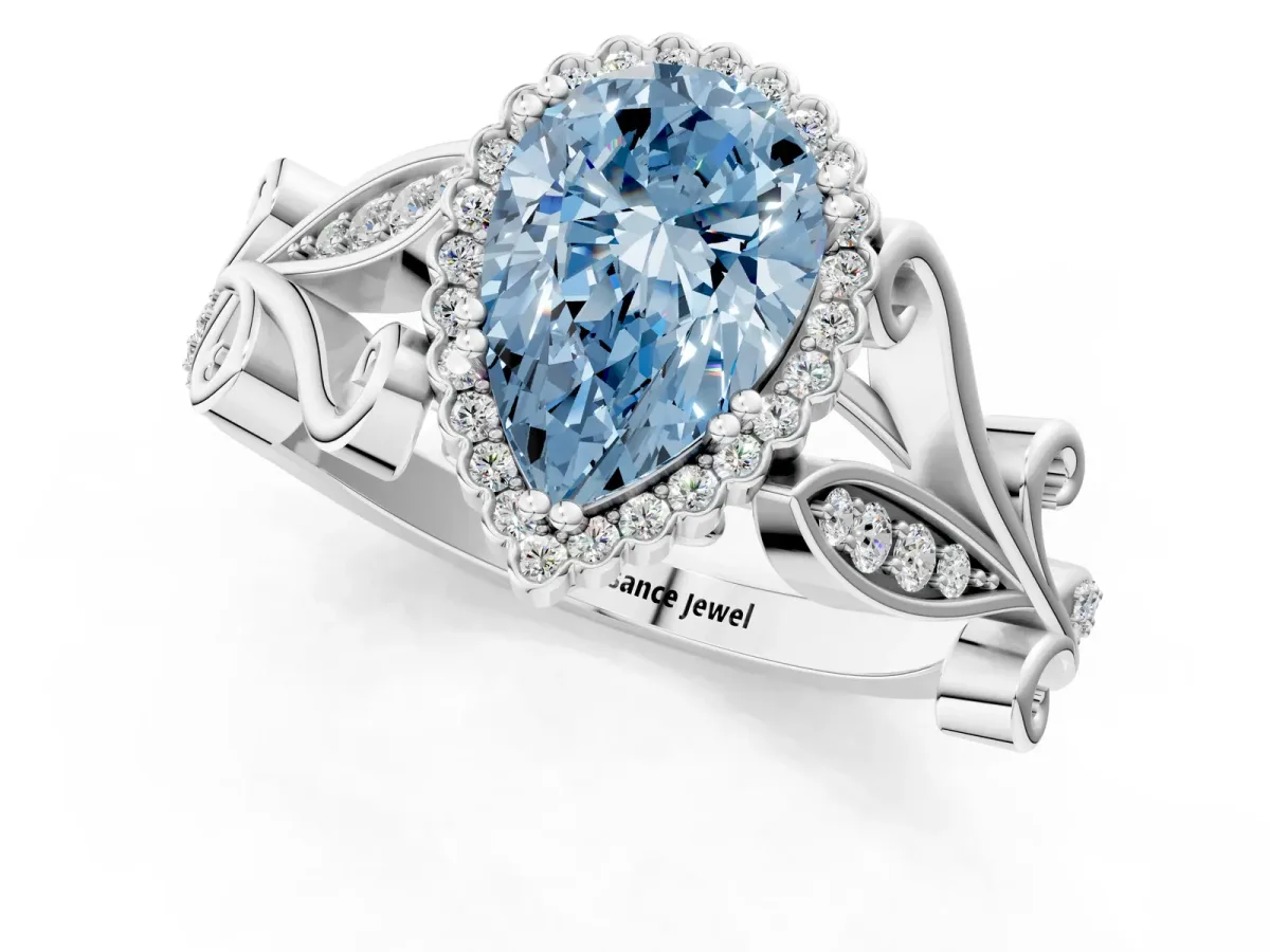 Fancy Blue Pear Cut Diamond Halo Ring with Vintage Split Shank and Four-Prong Setting Platinum