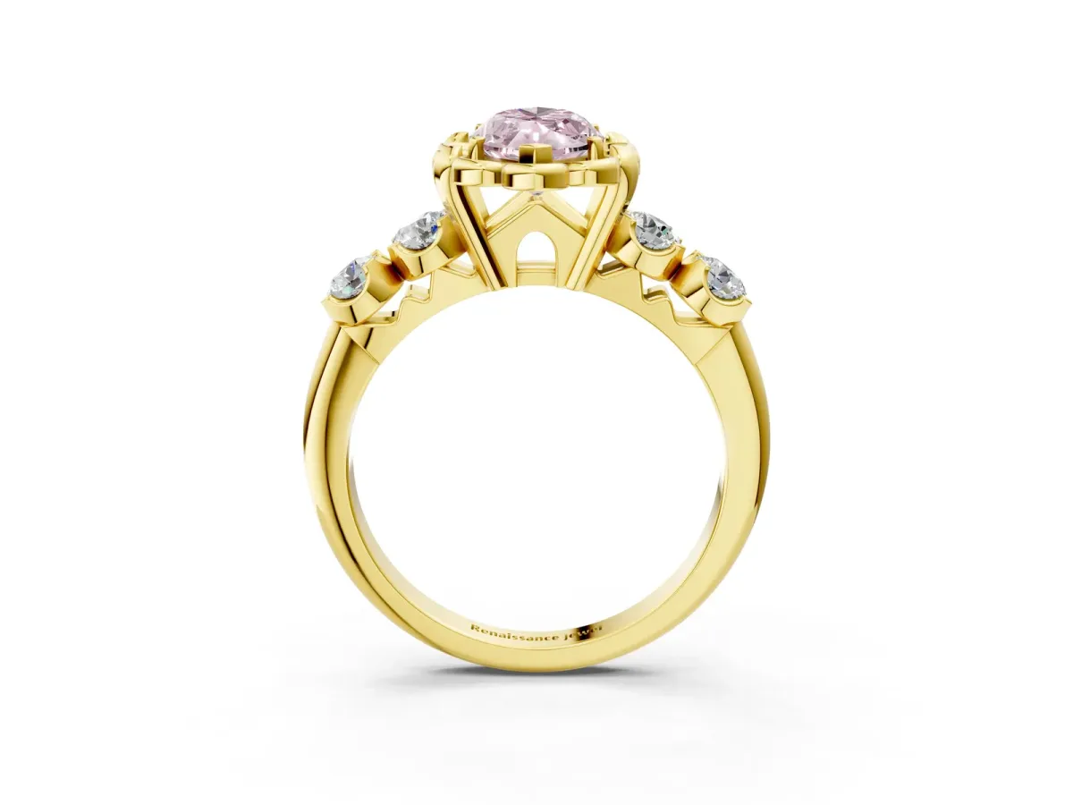 Fancy Pink Marquise Cut Cut Diamond Floral Halo Engagement Ring with Shared Prong Setting Yellow gold