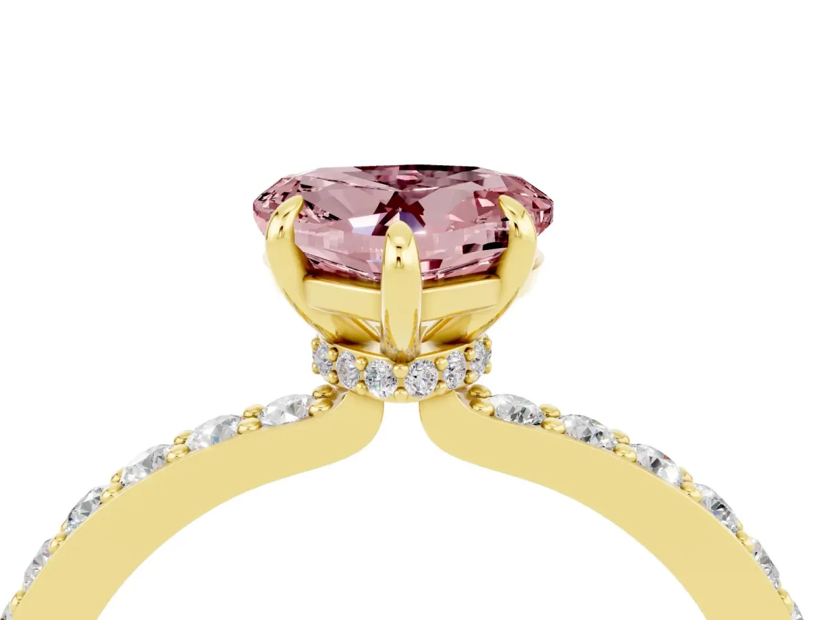 Heart Cut Morganite Solitaire Engagement Ring with Pavé Band and Four-Prong Setting Yellow gold
