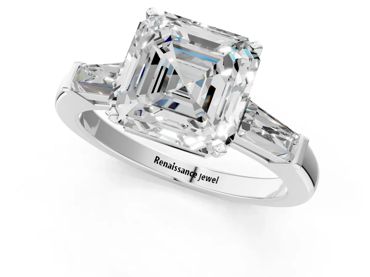 Asscher Cut Solitaire with Tapered Baguette Side Stones on a Classic Band with Four-Prong Setting Platinum