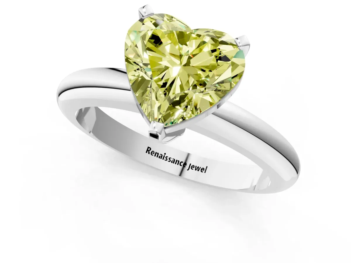 Fancy Yellow Heart Cut Diamond Solitaire Engagement Ring with Round Band and Four-Prong Setting White gold