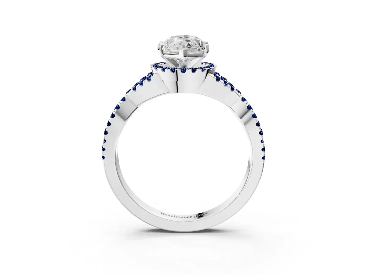 Marquise Cut Diamond Blue Sapphire Halo Twist Band Solitaire Prong Setting Ring White gold