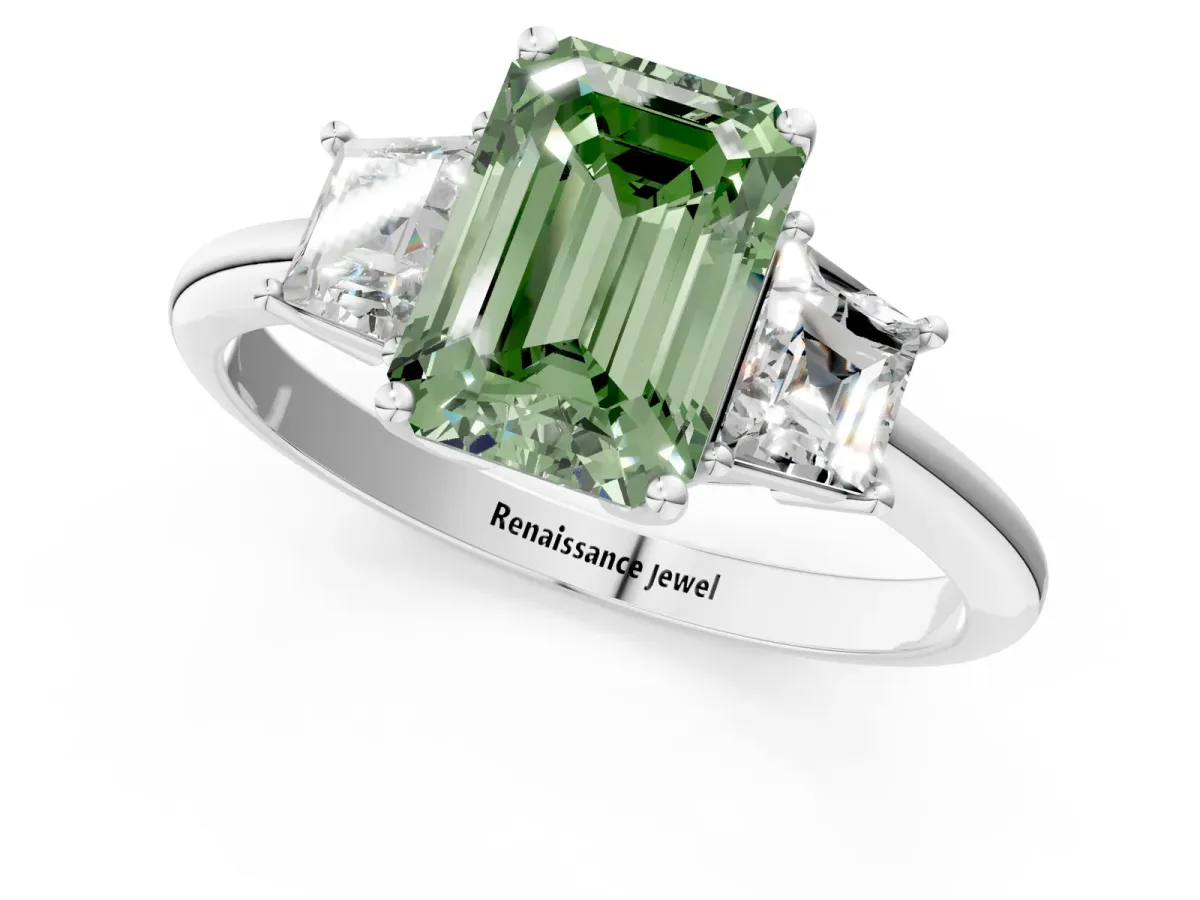 Fancy Green Emerald Cut Diamond Three-Stone Ring with Trapezoid Side Stones and Prong Setting White gold