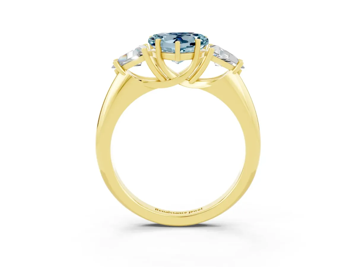 Three-Stone Heart Cut Aquamarine Engagement Ring with Trillion Side Stones and Prong Setting Yellow gold