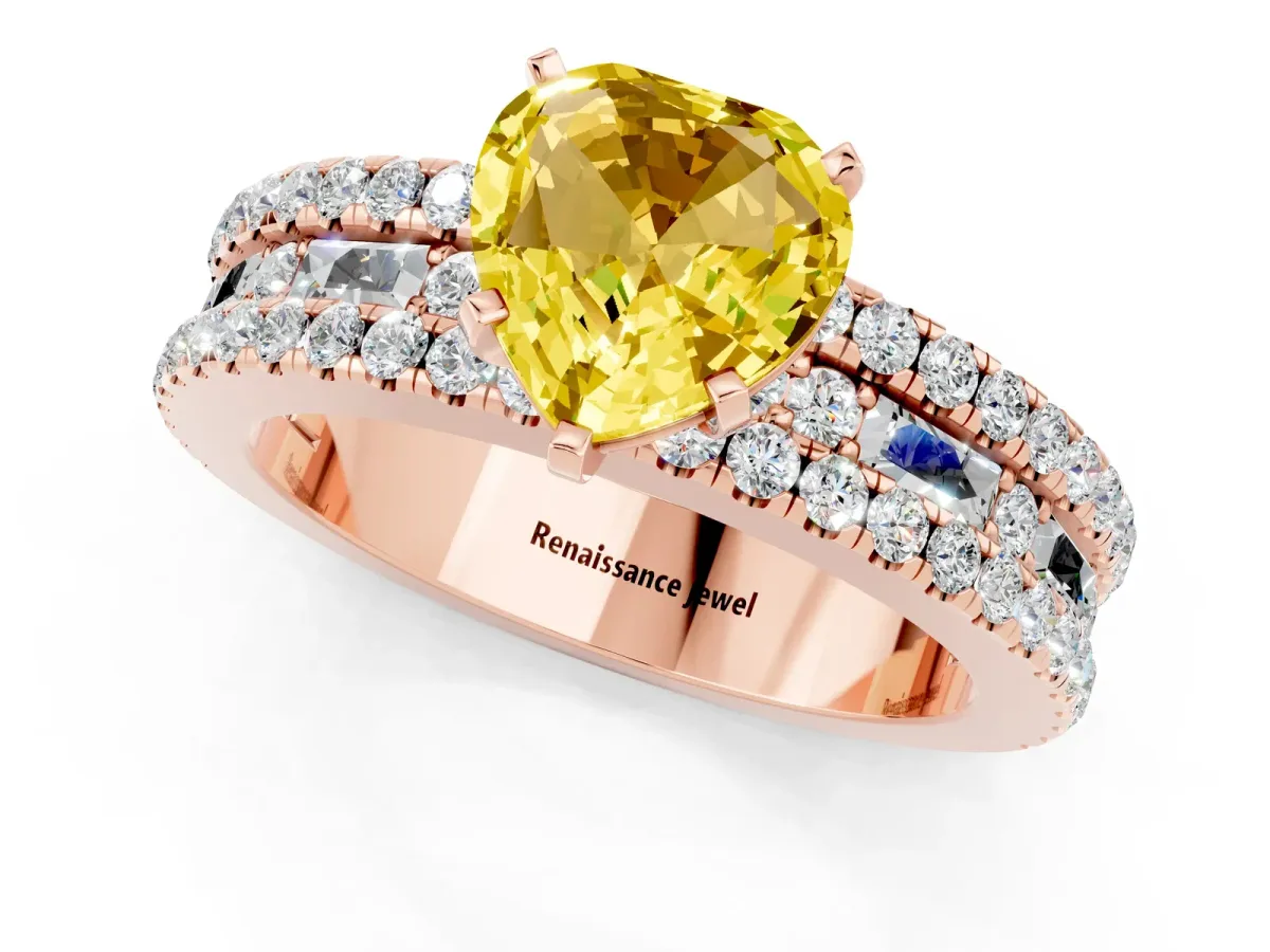 Heart Cut Yellow Sapphire Solitaire Ring with Pavé and Channel Set Band Rose gold