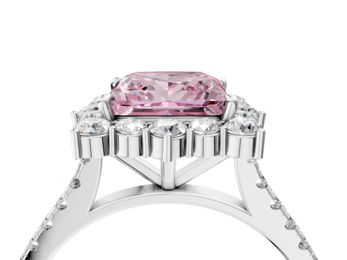 Fancy Pink Princess Cut Halo Diamond Ring with Pavé Band and Prong Setting White gold