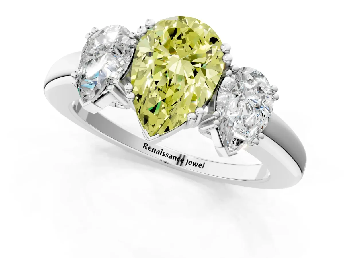Fancy Yellow Three-Stone Pear Cut Cut Diamond Ring with Channel Set Band and Four-Prong Setting Silver