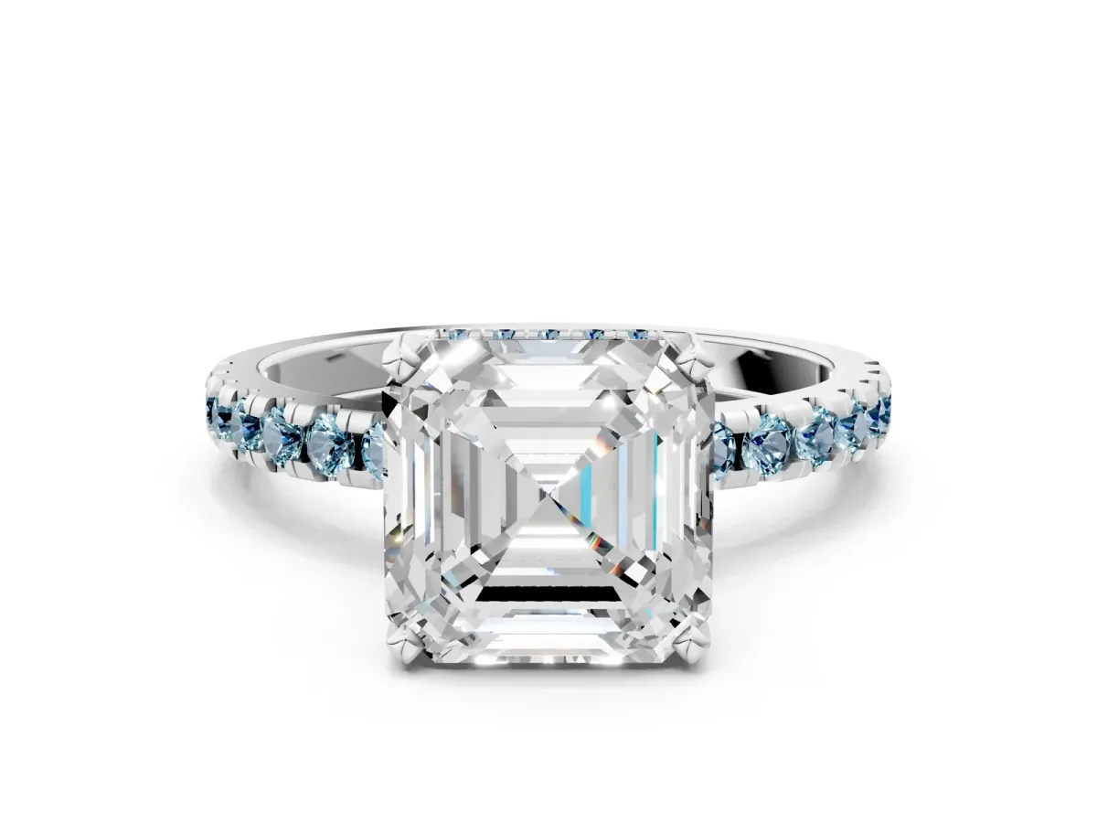 Asscher Cut Diamond Solitaire Ring with Round Aquamarine Pavé Band and Four-Prong Setting White gold
