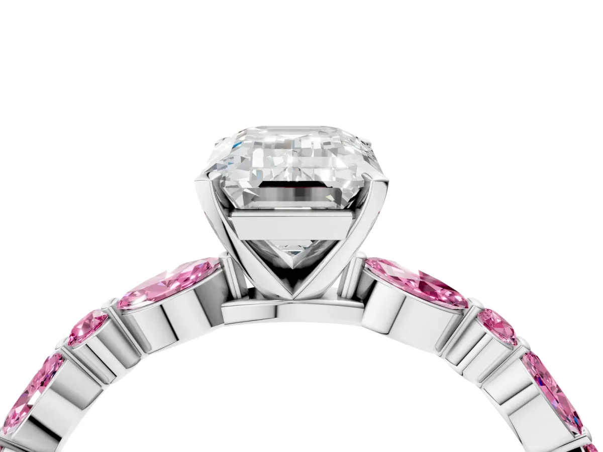 Emerald Cut Diamond Ring with Marquise and Round Pink Sapphire Side Stones and Four-Prong Setting White gold