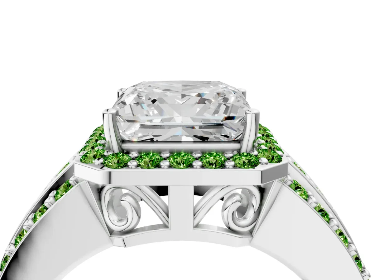 Princess Cut Halo Diamond Ring with Round Peridot Split Shank and Prong Setting White gold
