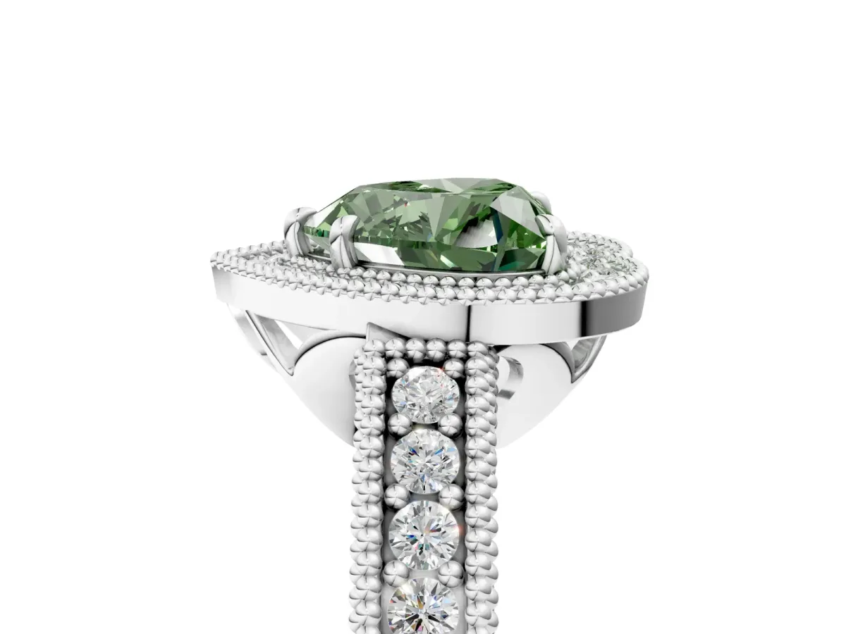 Fancy Green Heart Cut Cut Halo Diamond Ring with Pavé Band and Four-Prong Setting Platinum