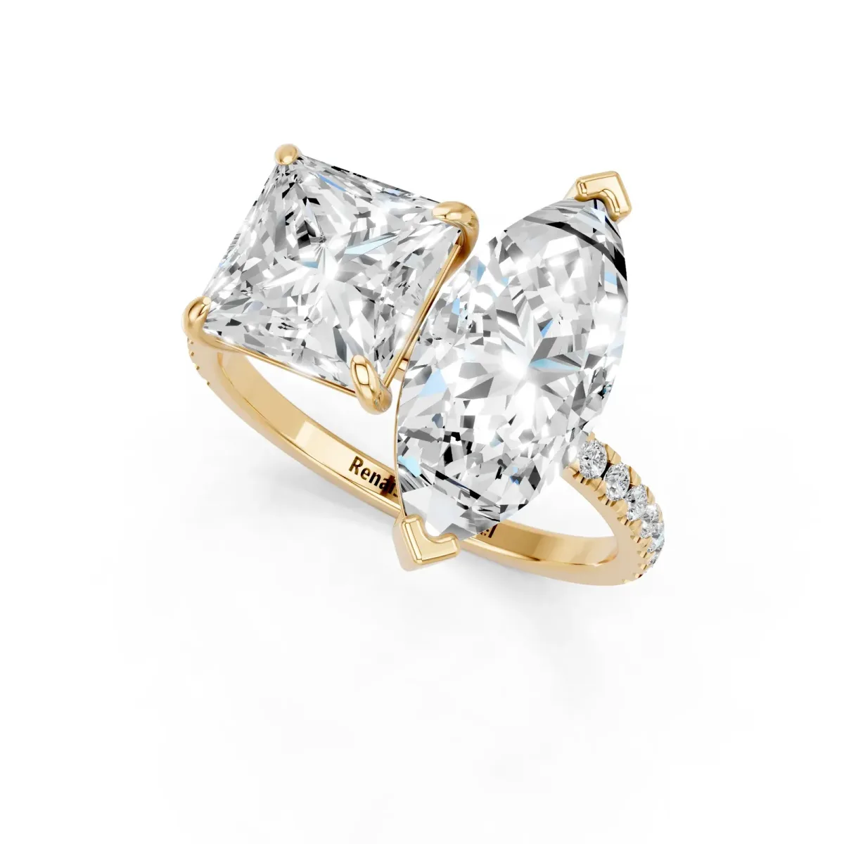 Marquise and Princess Toi Moi Ring with Prong Setting and Pave Band Yellow gold