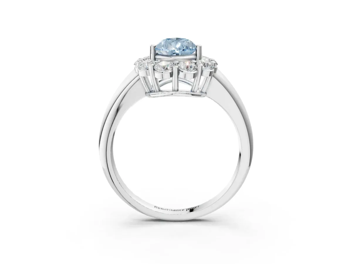 Fancy Blue Pear Cut Halo Cluster Diamond Engagement Ring with Prong Setting and Polished Band White gold