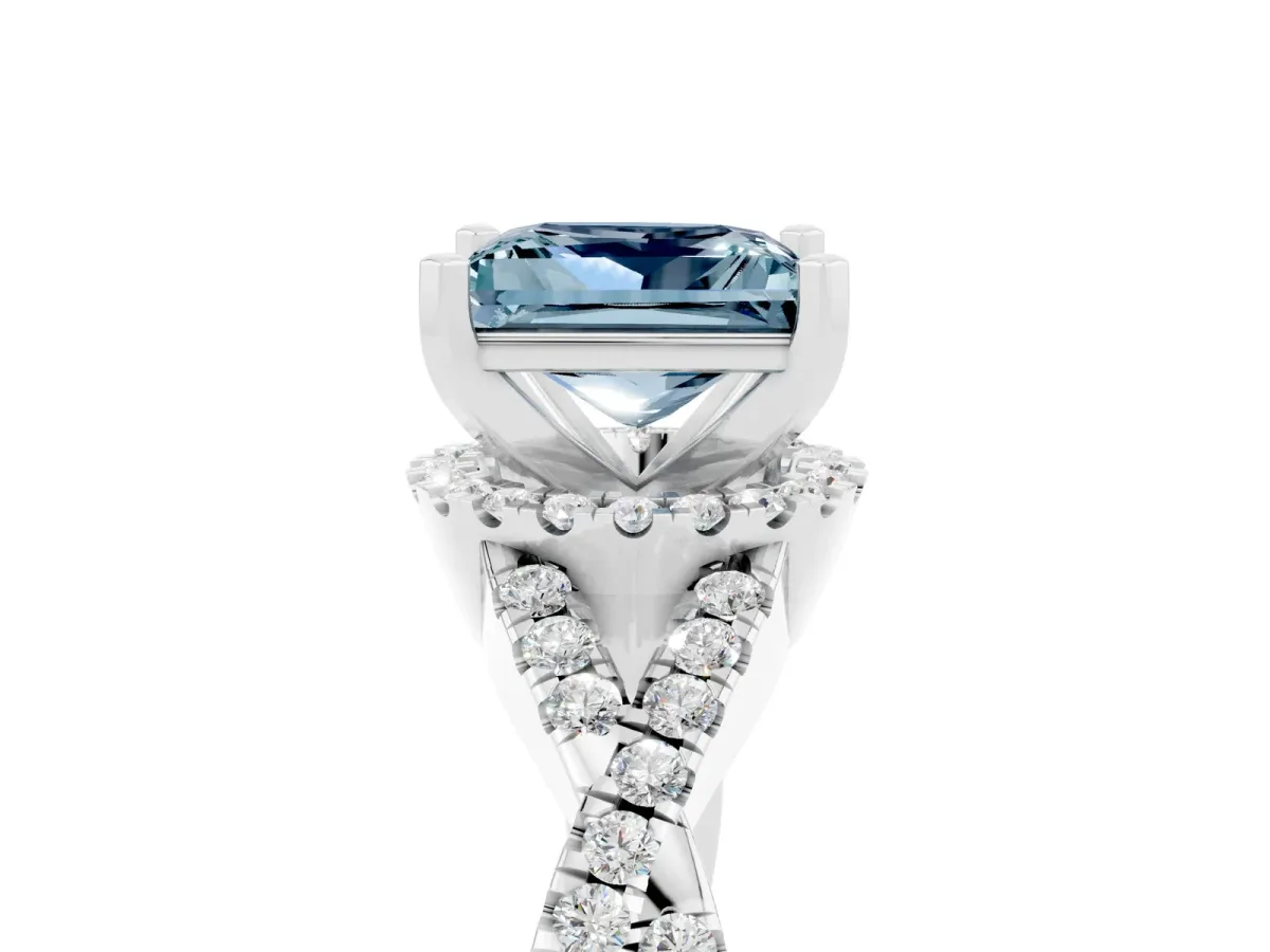Princess Cut Aquamarine Halo Twist Band Solitaire Prong Setting Ring White gold