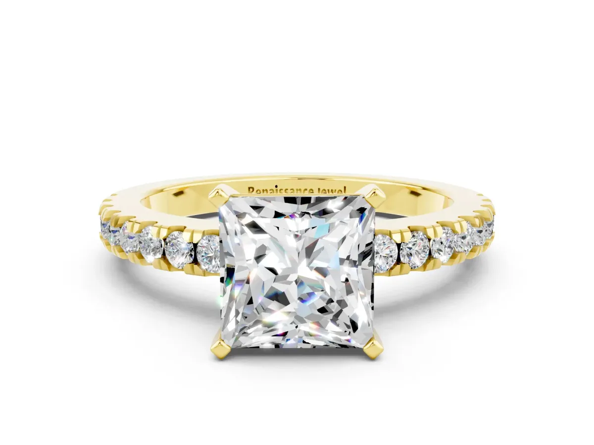 Princess Cut Solitaire Moissanite with Pavé Band and Four-Prong Setting Yellow gold