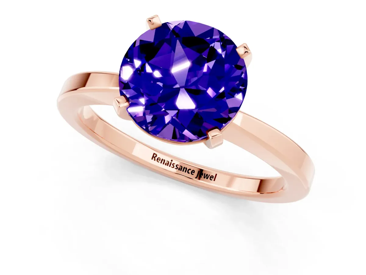 Round Cut Tanzanite Solitaire Engagement Ring with Classic Band and Four-Prong Setting Rose gold