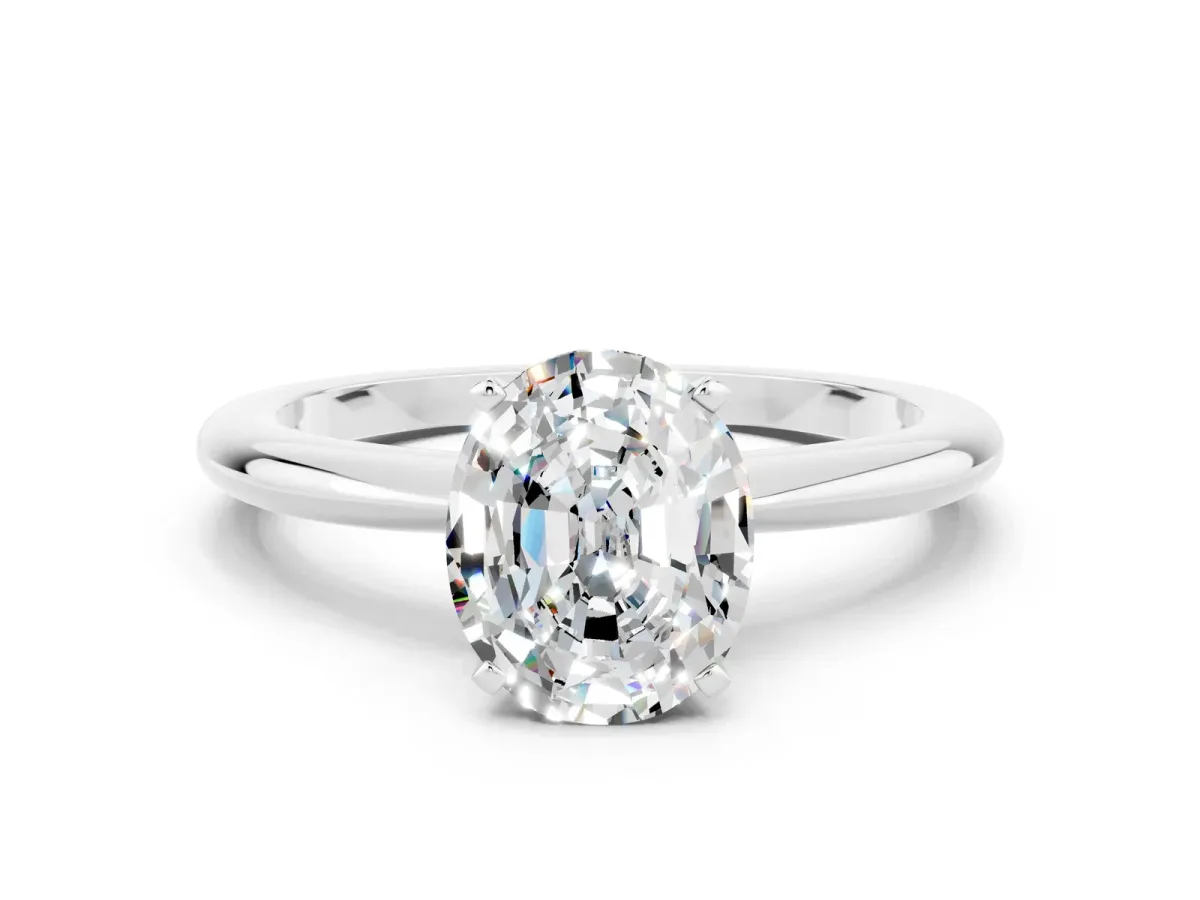 Oval Cut Moissanite Solitaire Ring with Six-Prong Setting and Classic Band Platinum