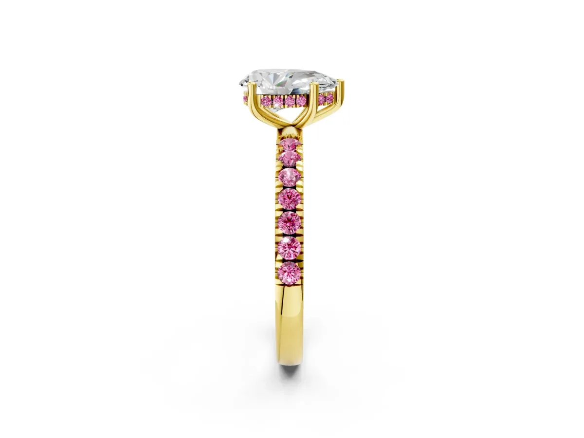 Pear Cut Diamond Pave Band Solitaire Ring with Round Pink Sapphire and Prong Setting Yellow gold