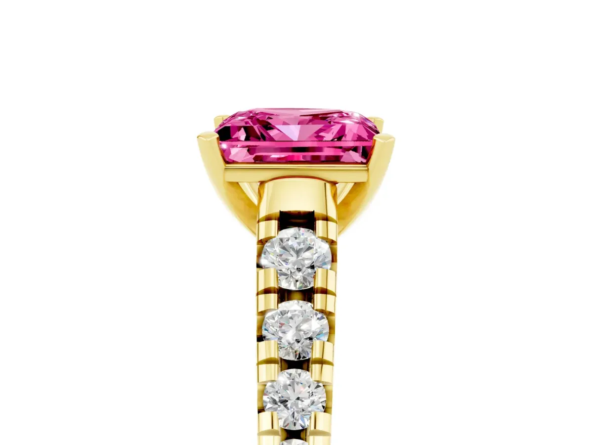 Princess Cut Pink Sapphire Cathedral Solitaire Ring with Round Pavé Band Yellow gold