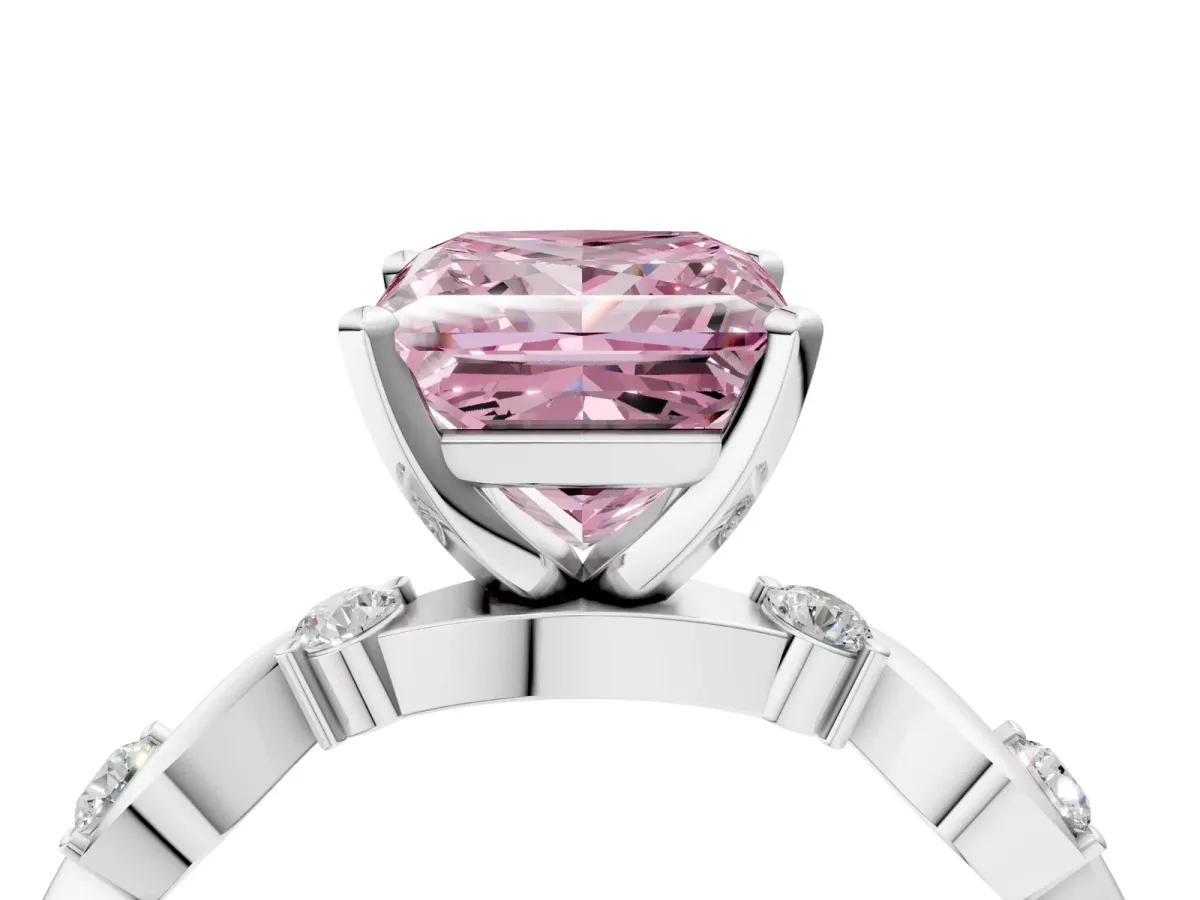 Fancy Pink Princess Cut Diamond Solitaire Twisted Band with Round Accents and Prong Setting White gold