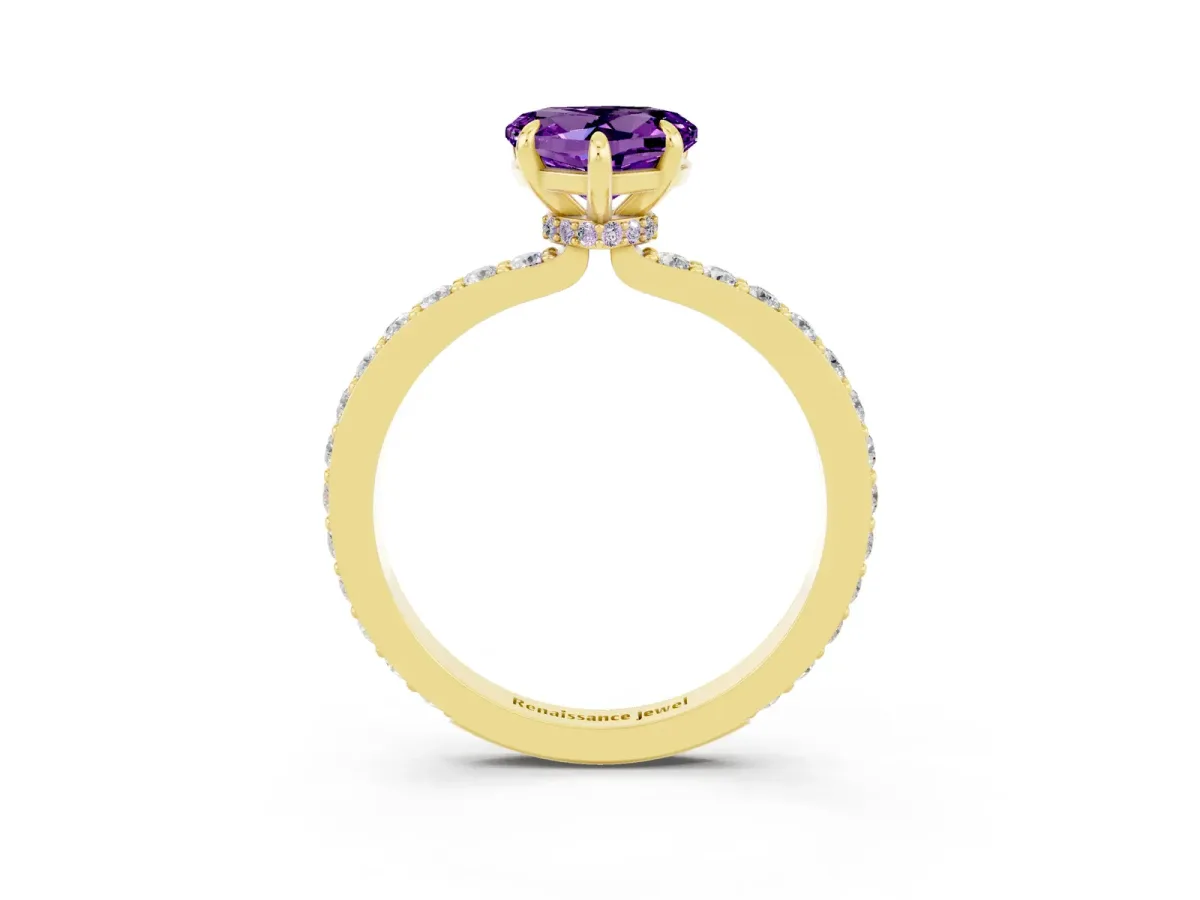 Heart Cut Amethyst Solitaire Engagement Ring with Pavé Band and Four-Prong Setting Yellow gold