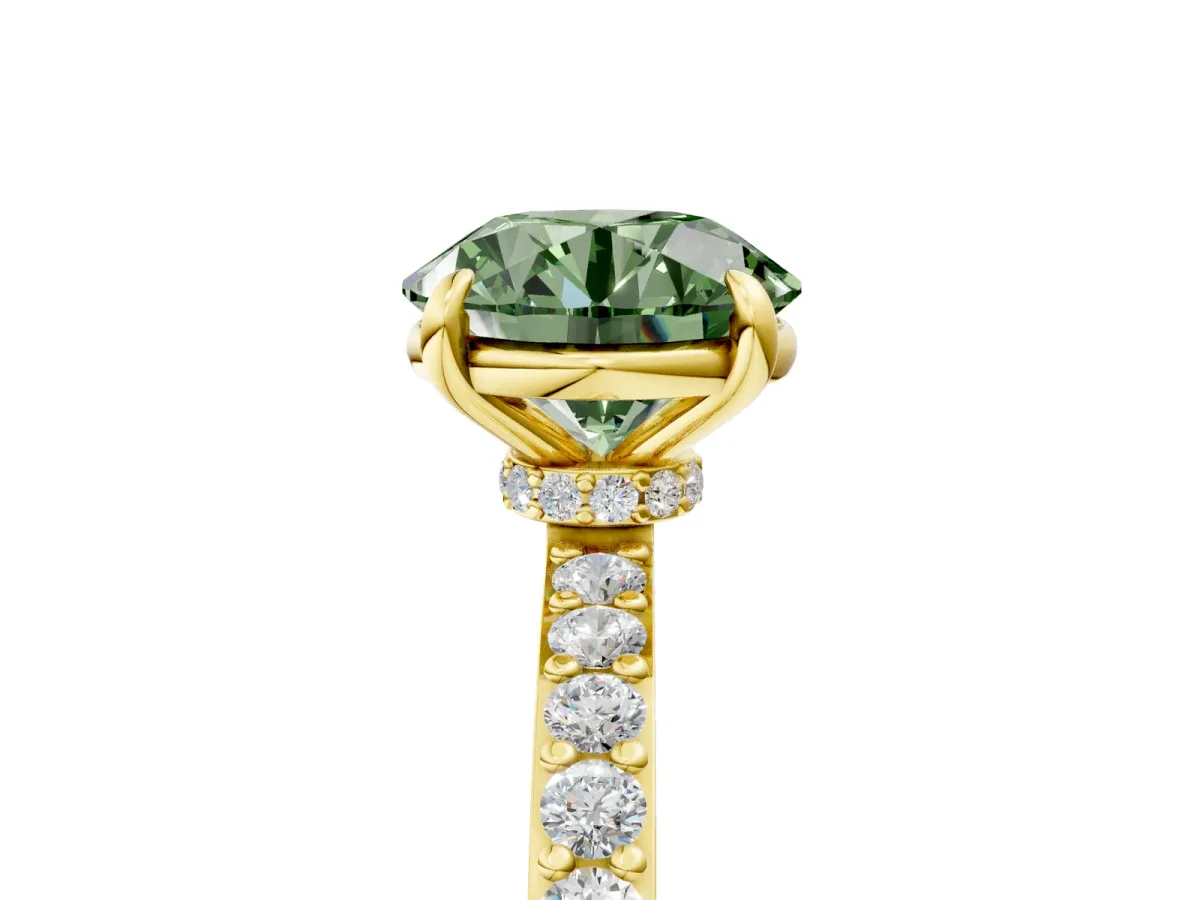 Fancy Green Round Cut Diamond Solitaire Engagement Ring with Pavé Band and Four-Prong Setting Yellow gold