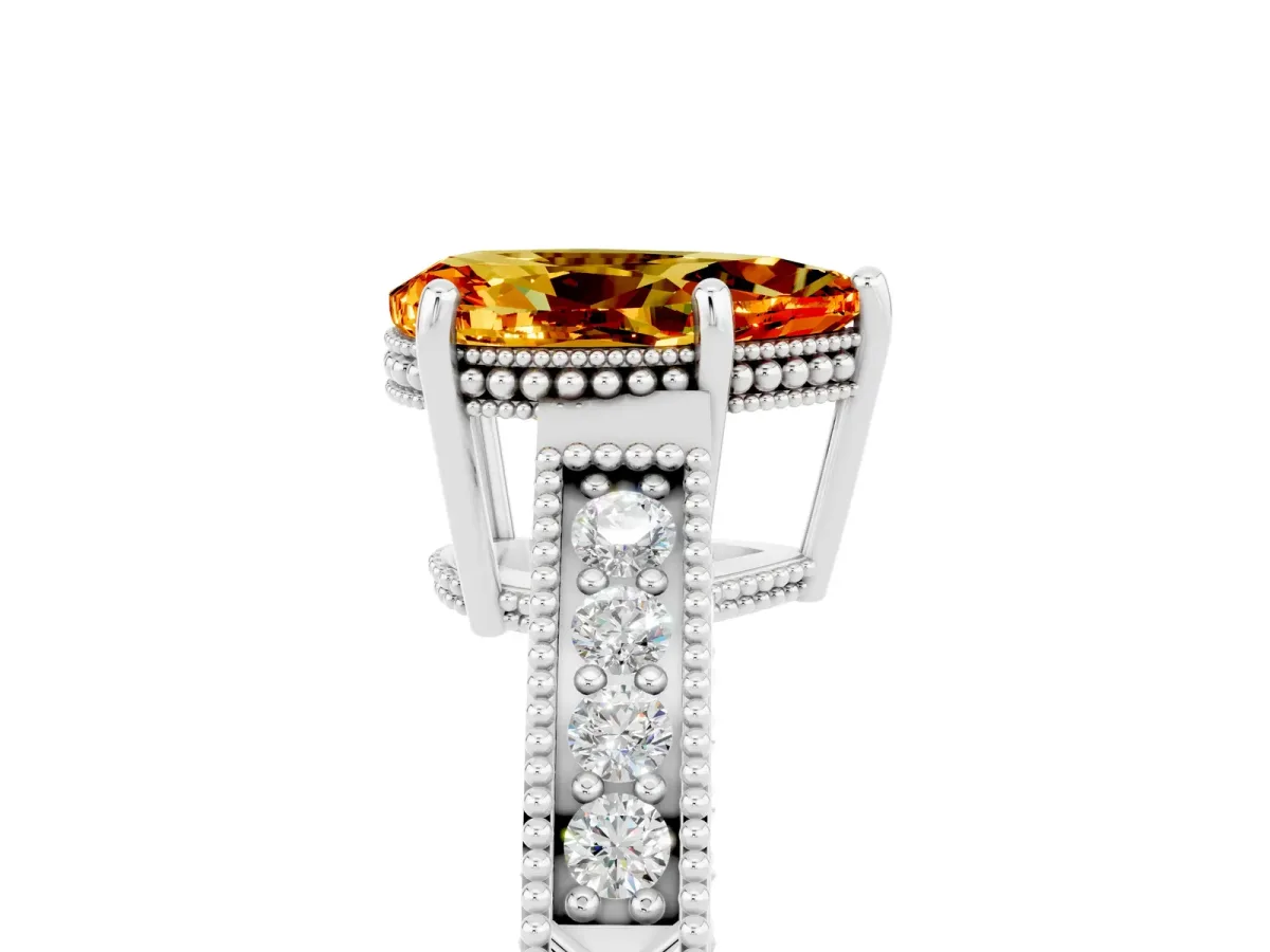 Pear Cut Citrine Ring with Milgrain Pavé Band and Four-Prong Setting Platinum