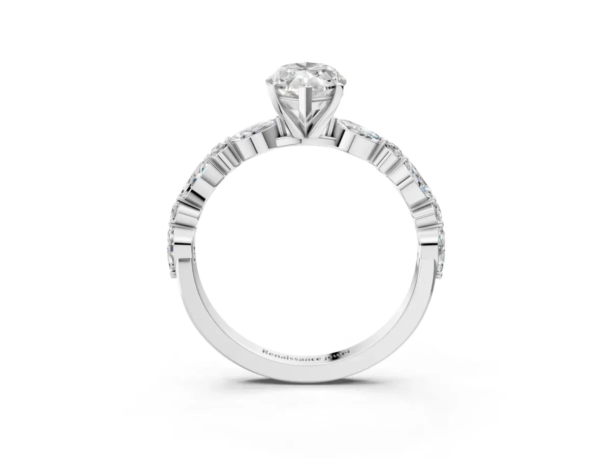 Marquise Cut Diamond Ring with Marquise and Round Moissanite Side Stones and Four-Prong Setting Platinum