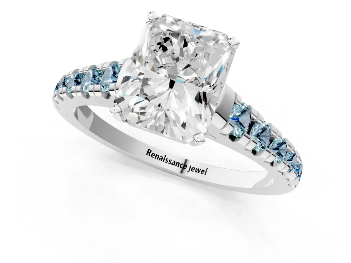 Radiant Cut Diamond Cathedral Solitaire Ring with Round Aquamarine Pavé Band White gold