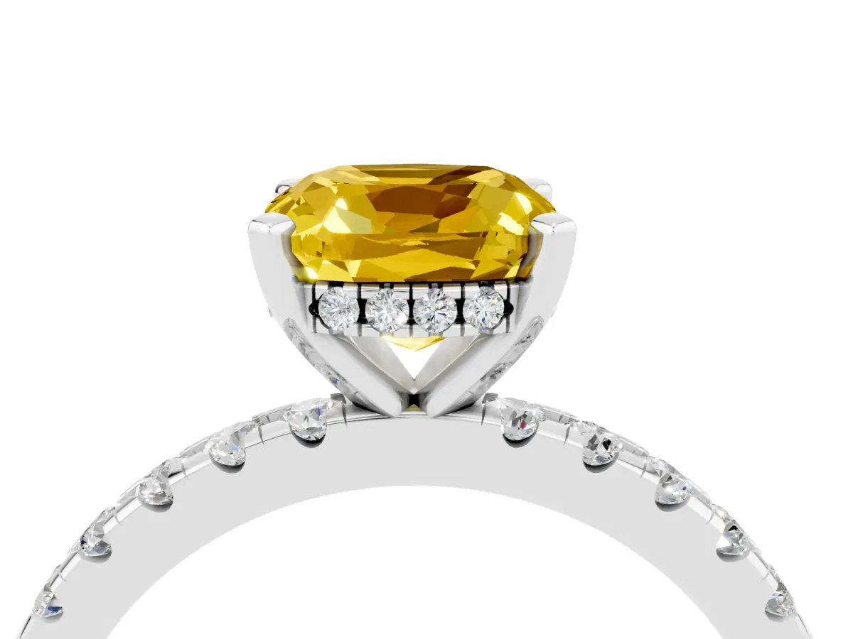 Cushion Cut Yellow Sapphire Solitaire Ring with Round Pavé Band and Four-Prong Setting White gold