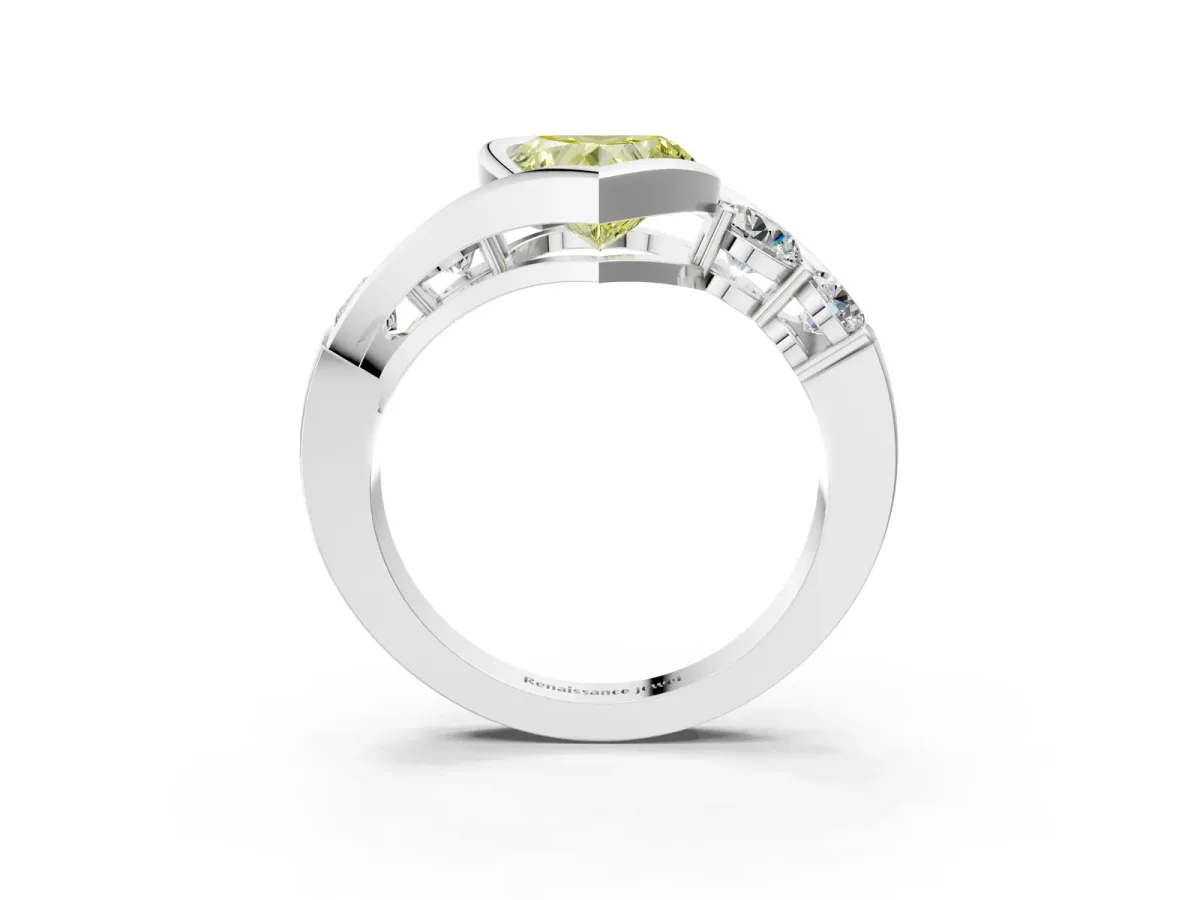 Fancy Yellow Bezel Set Heart Cut Diamond Bypass Ring with Round Accents Platinum