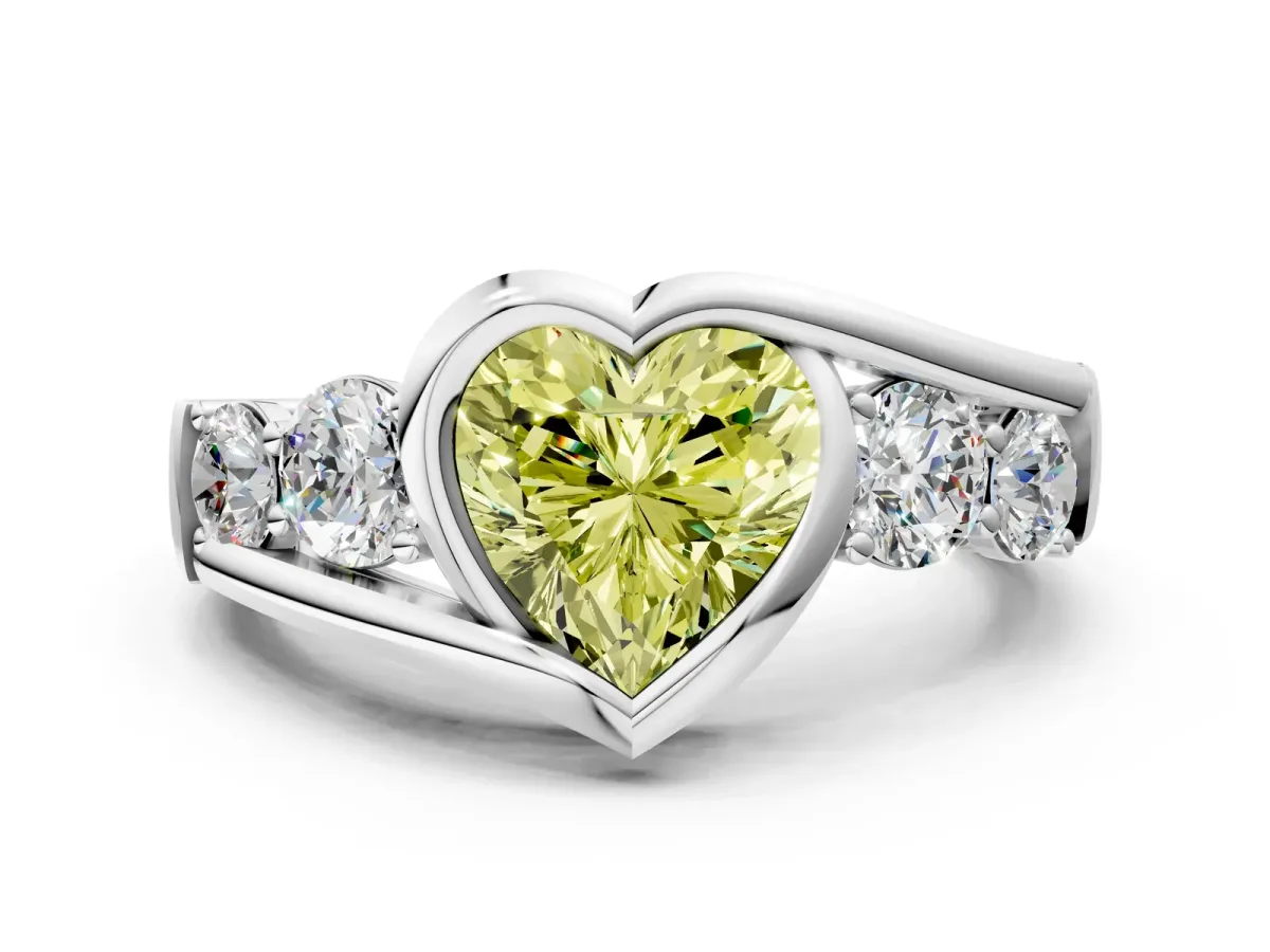 Fancy Yellow Bezel Set Heart Cut Diamond Bypass Ring with Round Accents Platinum