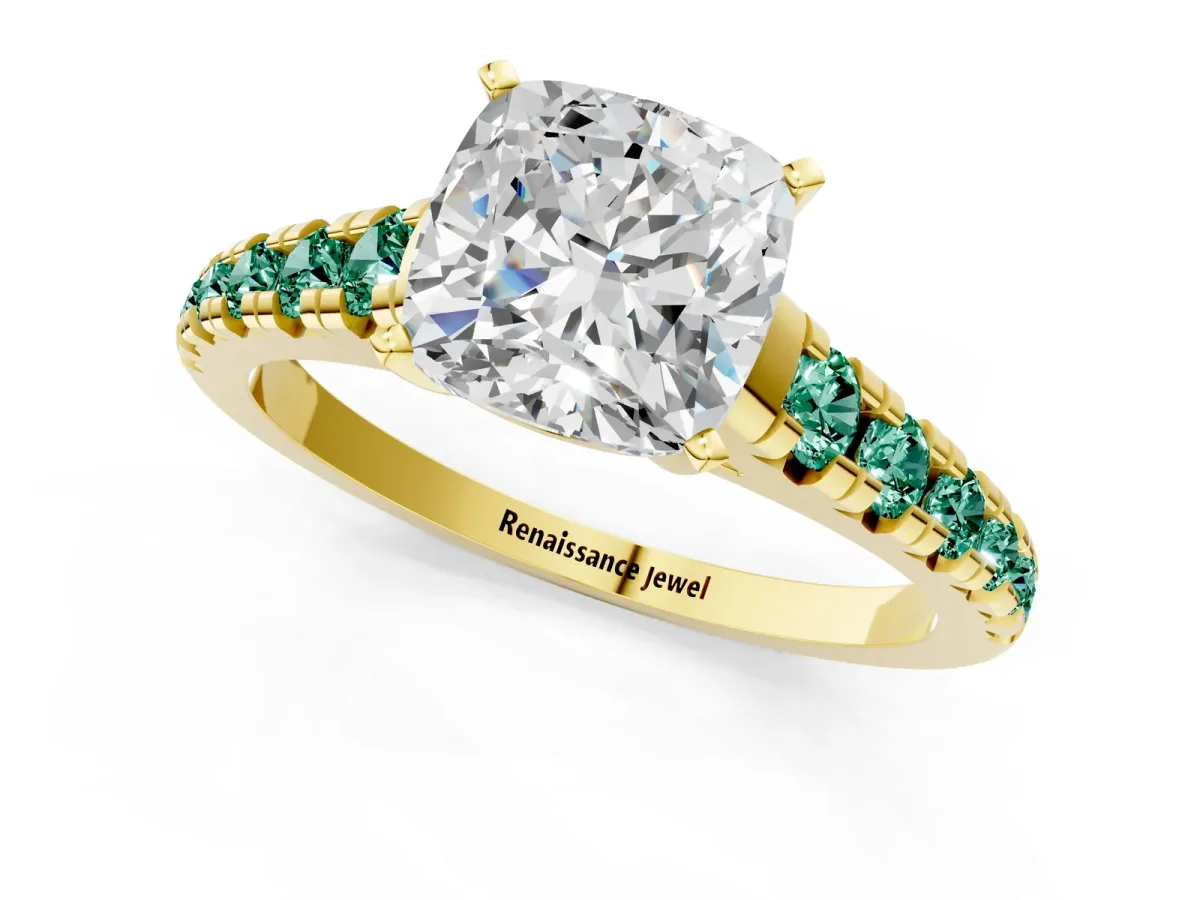 Cushion Cut Diamond Cathedral Solitaire Ring with Round Green Sapphire Pavé Band Yellow gold