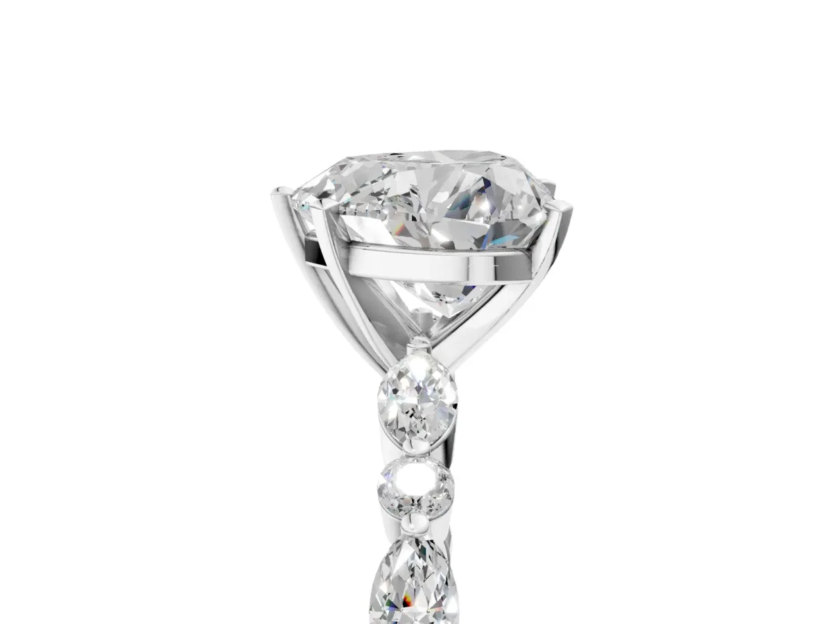 Heart Cut Diamond Ring with Marquise and Round Moissanite Side Stones and Four-Prong Setting Platinum