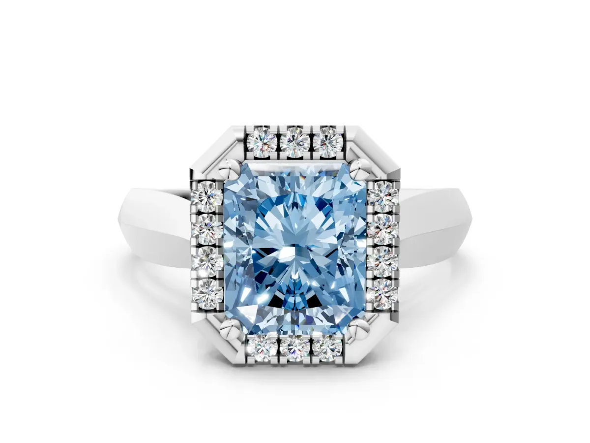 Fancy Blue Radiant Cut Cut Halo Solitaire Engagement Ring with Square Band and Four-Prong Setting White gold