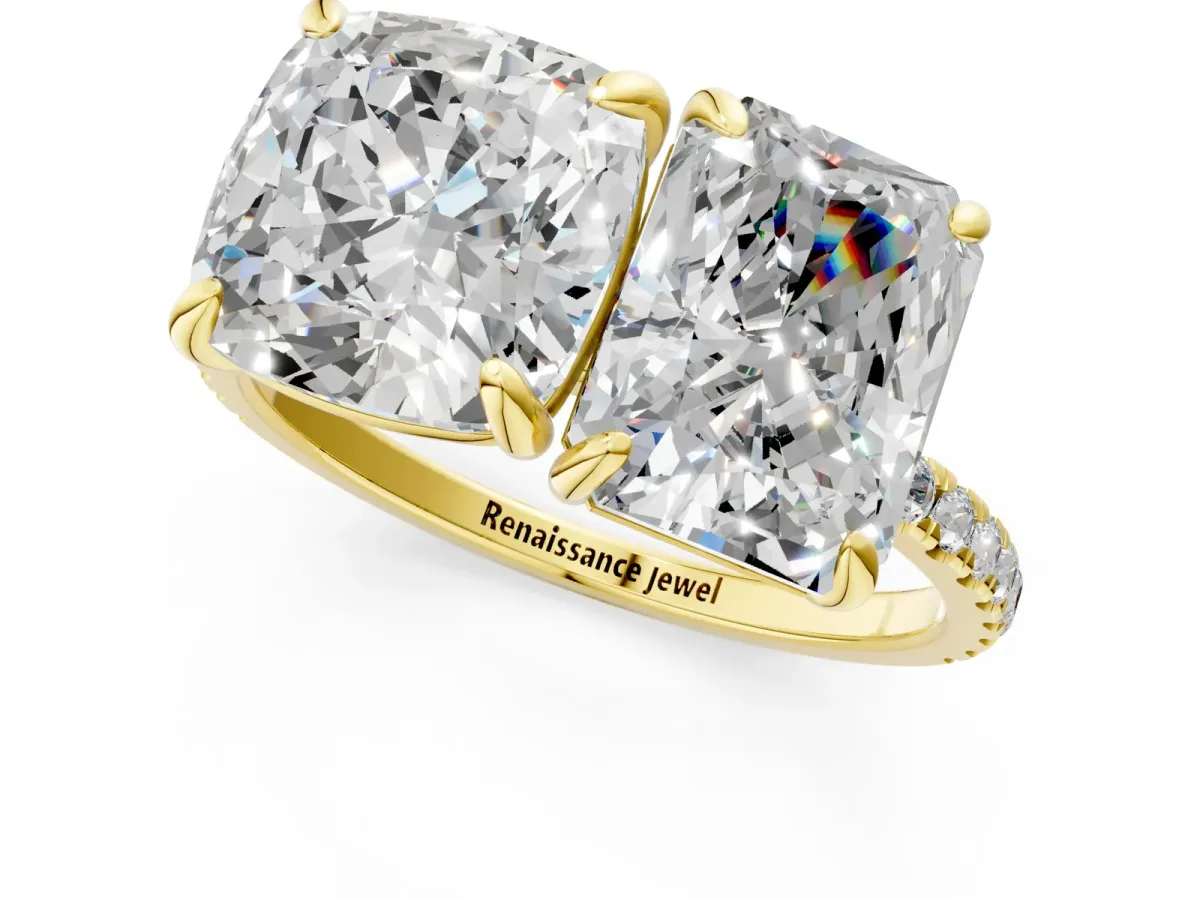 Cushion and Radiant Toi Moi Ring with Prong Setting and Pave Band Yellow gold
