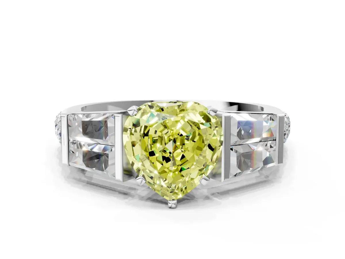 Fancy Yellow Heart Cut Diamond Engagement Ring with Baguette Side Stones and Channel Set Band Platinum