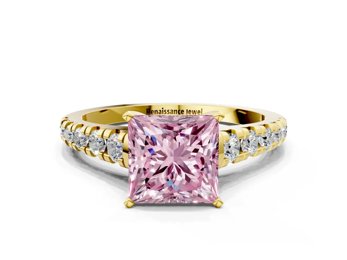 Fancy Pink Princess Cut Diamond Cathedral Solitaire Ring with Round Pavé Band Yellow gold