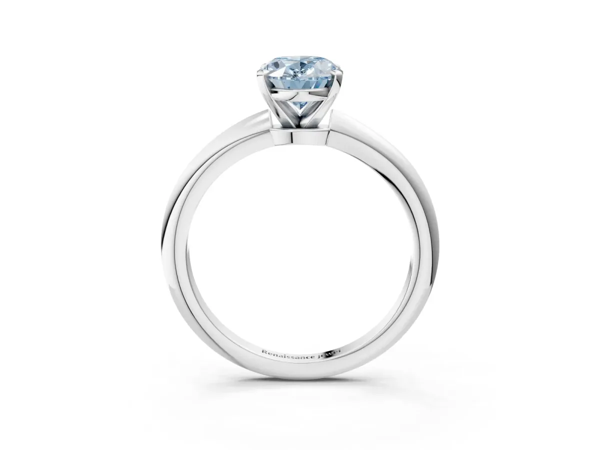 Fancy Blue Oval Cut Diamond Solitaire Ring with Six-Prong Setting and Classic Band Silver