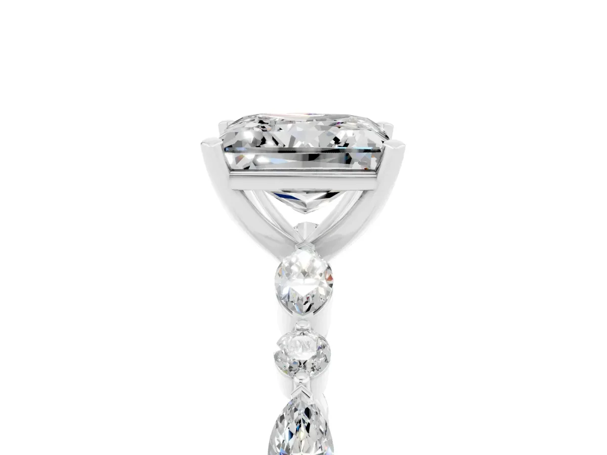 Princess Cut Moissanite Ring with Marquise and Round Side Stones and Four-Prong Setting White gold