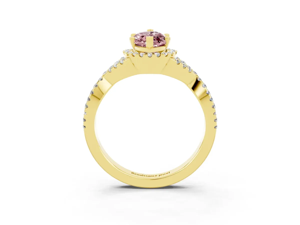 Marquise Cut Morganite Halo Twist Band Solitaire Prong Setting Ring Yellow gold