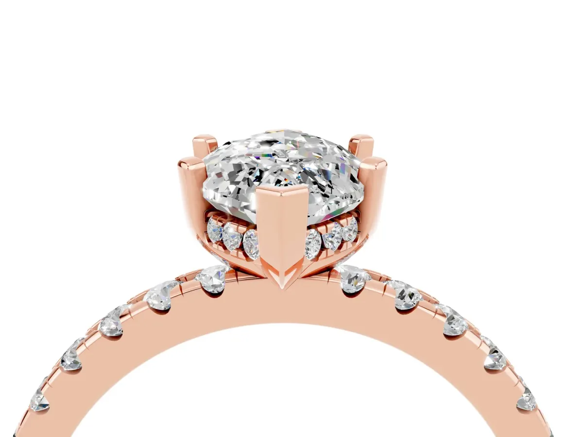 Marquise Cut Moissanite Solitaire Ring with Round Pavé Band and Four-Prong Setting Rose gold