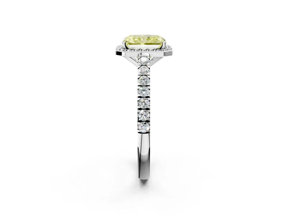 Fancy Yellow Radiant Cut Cut Halo Diamond Engagement Ring with Pave Band and Four-Prong Setting Platinum