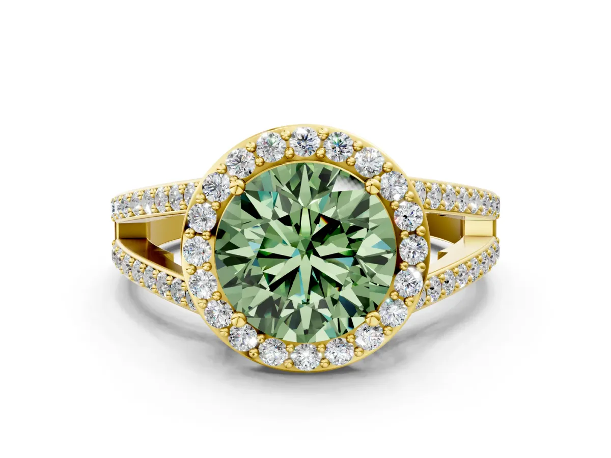 Fancy Green Round Cut Diamond Halo Ring with Split Shank U-Prong Band and Four-Prong Setting Yellow gold