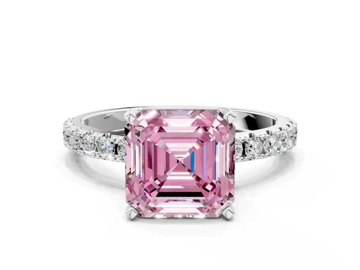 Fancy Pink Asscher Cut Diamond Solitaire Pavé Band with Four-Prong Setting Silver