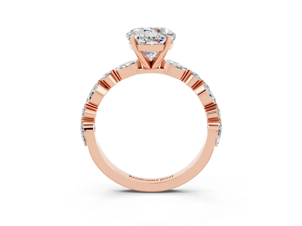 Round Cut Moissanite Ring with Marquise and Round Side Stones and Four-Prong Setting Rose gold