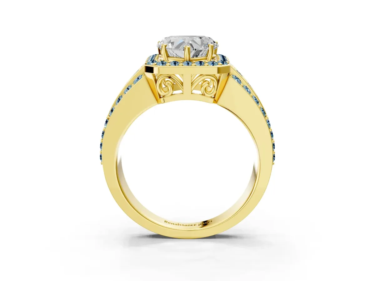 Heart Cut Halo Diamond Ring with Round Aquamarine Split Shank and Prong Setting Yellow gold
